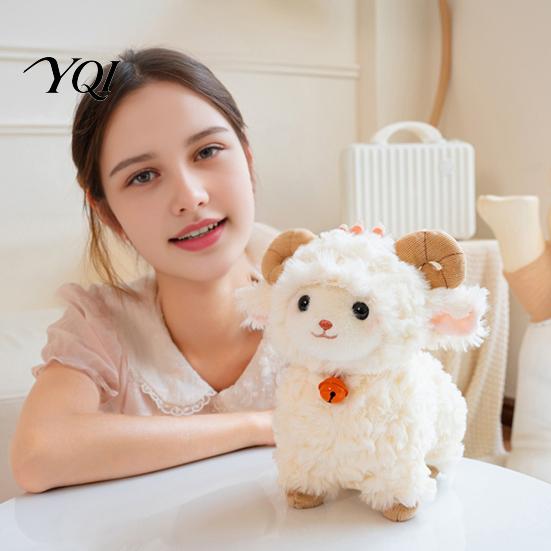 Decorative Stuffed Figure Cute Sheep Plush Doll with Bell, Soft Animal Stable Standing Toy Bells Toy, Curly Fluffy Fabric Embroidery Details Figurine