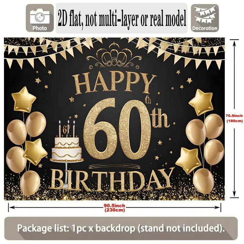 2D 60th Birthday Backdrop Black Gold Glitter - Party Decoration Photo Booth Background