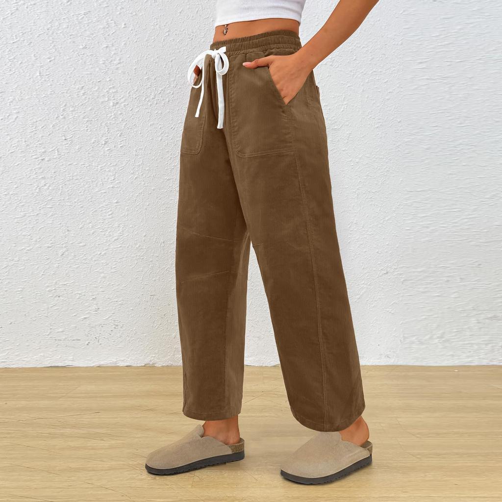 Женские повседневные модные однотонные брюки прямого кроя с эластичной талией на кулиске и карманами