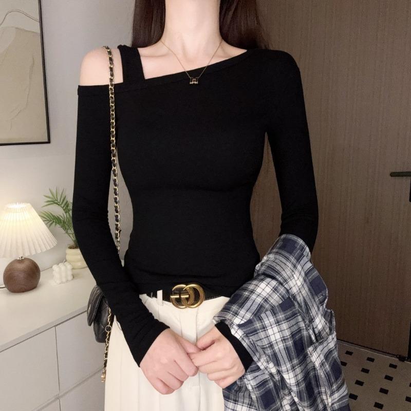 Весна Осень Воротник «Один мир» Сексуальная футболка с открытыми плечами Женская с длинным рукавом Повседневная Универсальная Пуловер Футболка Топ