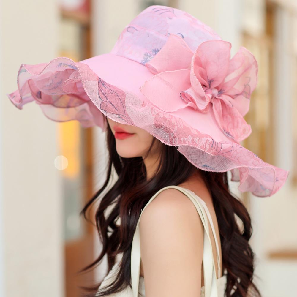 Big eaves lace sunshade women's spring and summer travel mesh yarn hat sunscreen elegant organza breathable folding sun hat