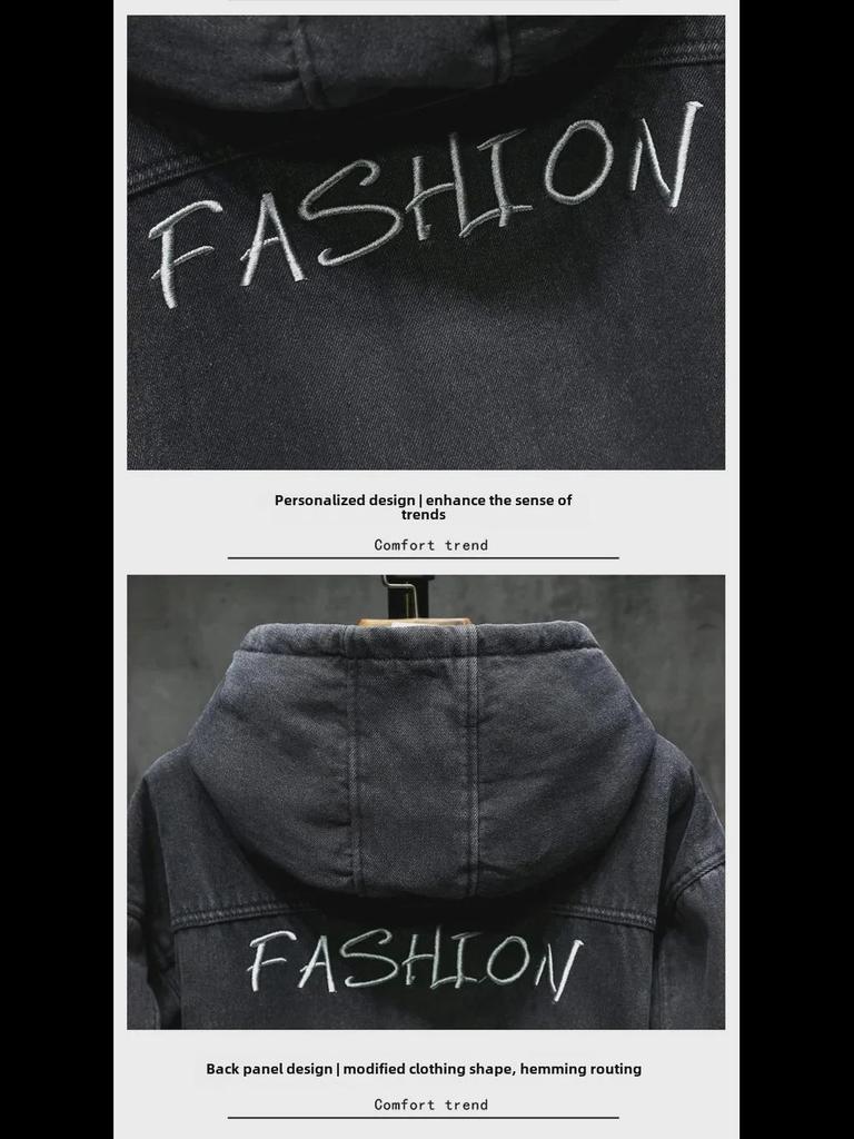 Мужская зимняя джинсовая куртка с капюшоном - плюшевая подкладка, свободный крой, средняя длина, модная ветровка