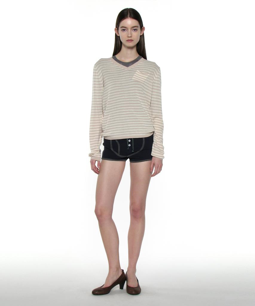 PARTIMENTO WOMEN Pwc Sheer V-Neck Knit Sweater_Beige Stripe