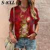 S-8XL Футболка размера плюс для женщин, летний цветочный принт, повседневные топы с коротким рукавом, футболки, модная уличная одежда с V-образным вырезом, пуловер, одежда
