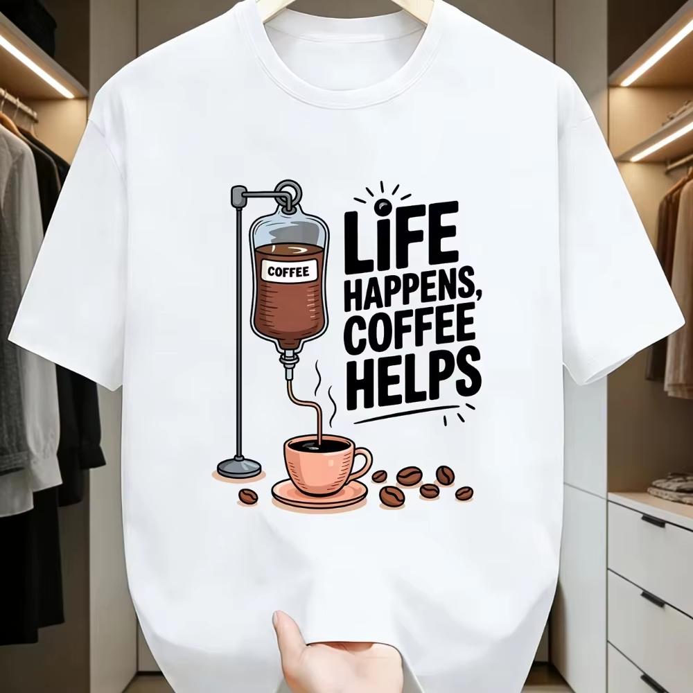 Unisexs T Shirt Life Happens Coffee Helps Tee Casual Cotton Streetwear Oversize Casual Oneck Novelty Graphic Summer Clothing