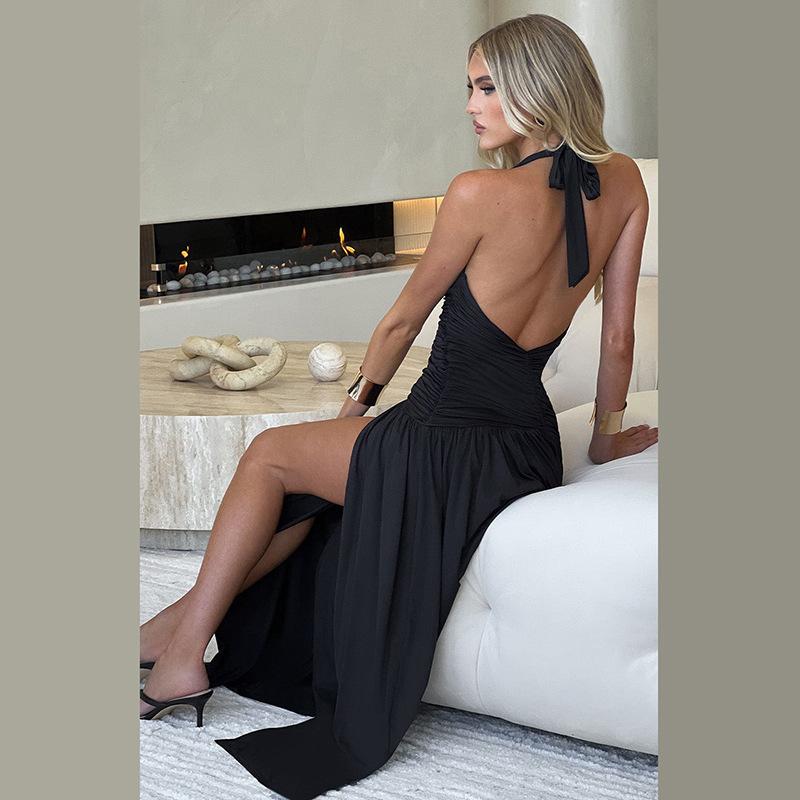 Summer New Women's Clothing Temperament Halter Neck V-neck Long Skirt Sexy Slit Pleated Backless Dress