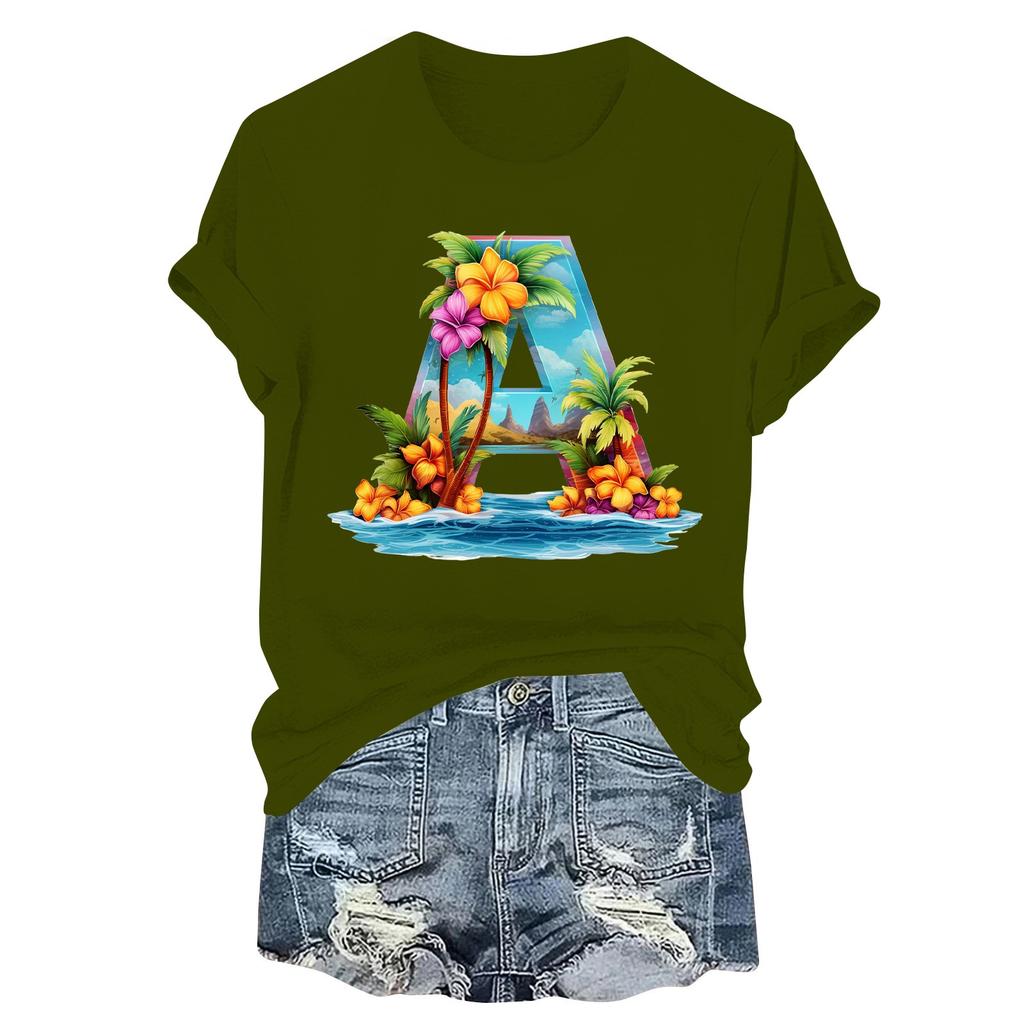 Women's Fashion Printed Casual Pleated Round Short Sleeve T-Shirt Top