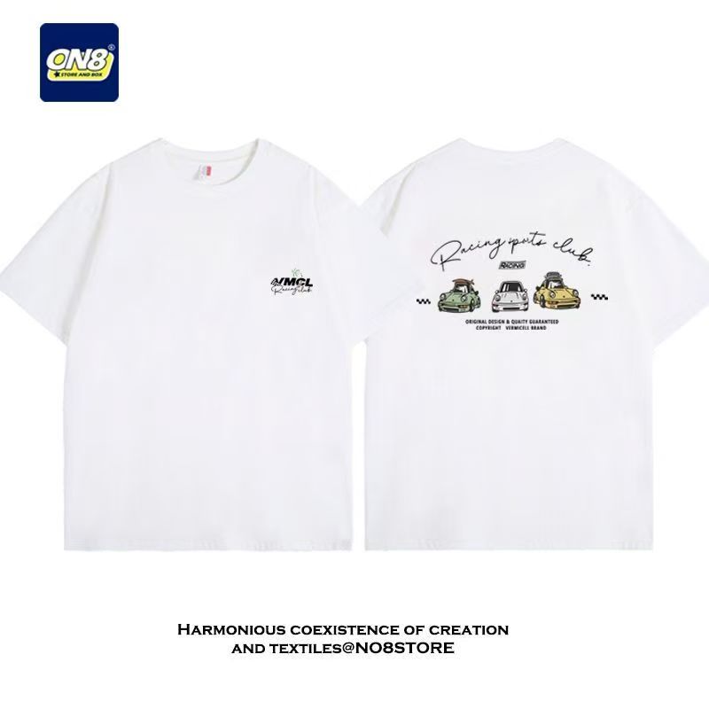 Unisex Casual Cotton Tshirt Cartoon Racing Car Pattern Printing Crewneck Short Sleeve Outdoor Street Daily Wear