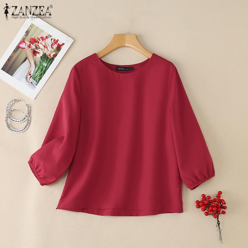 ZANZEA Women Casual Round Neck Solid Color 3/4 Sleeve Blouse
