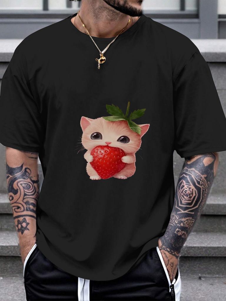 1pc Casual Kawaii Strawberry Cat Graphic T-shirt - 180g Cotton Crew Neck Short Sleeve Tee with Photorealistic Hyperbole Print