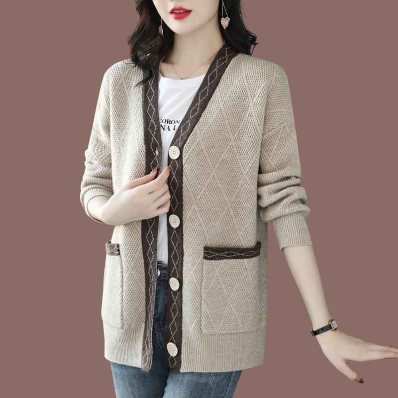 Вязаный кардиган Женский свитер-жакет Весна и осень Свободный свитер с V-образным вырезом Топ