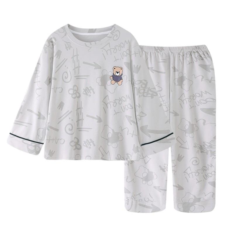 Boys Cotton Pajama Set Long Sleeve Two Piece Sleepwear Teens Comfortable Home Wear Cartoon Print