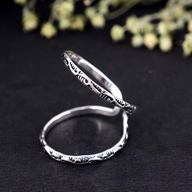 Dainty Scrollwork Double Band Ring | Adjustable Silver Knuckle Ring | Oxidized Pattern Mid-Finger Splint Jewelry | Boho Statement Gift