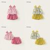 Sweet Floral Pattern Bow Shoulder Strap Design Kid Summer Top And Shorts Set