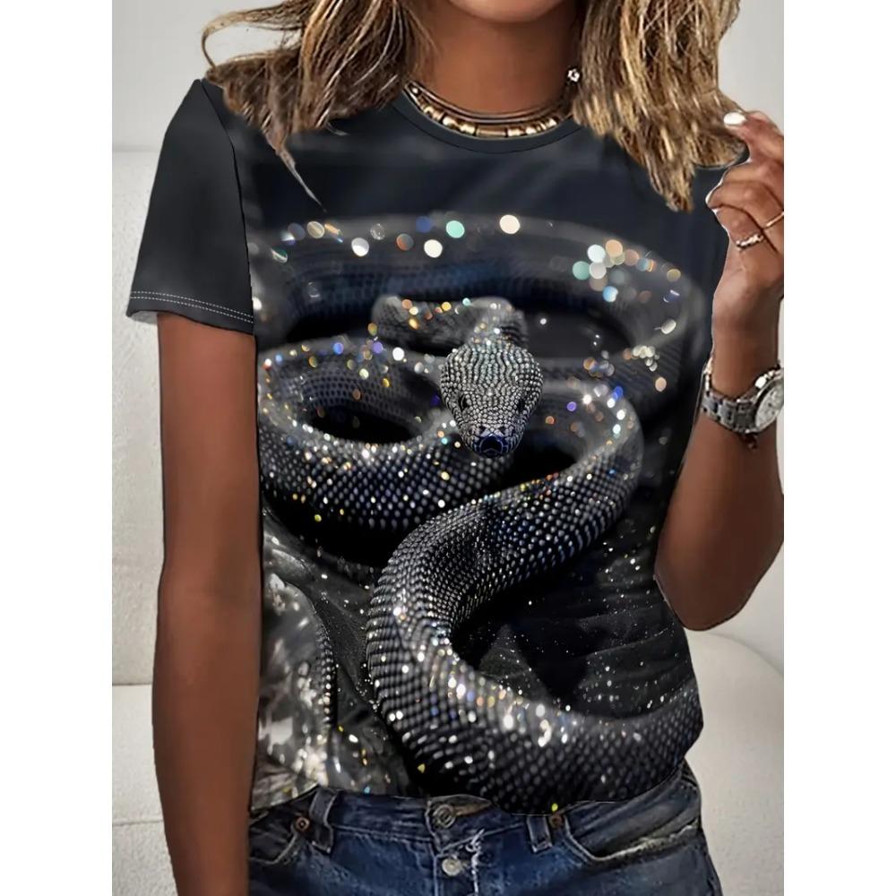 Fun Women's Plus Size T-shirt 3D Snake Print Summer Round Neck Short Sleeved Top Outdoor Casual T-shirt Women's Clothing