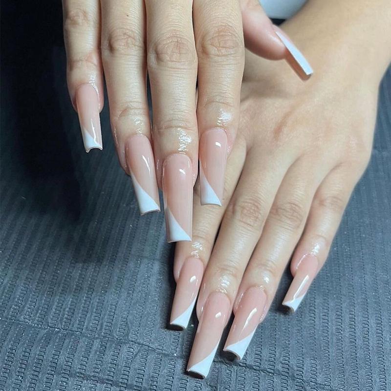 French White Edge Long Nail Tips - Removable False Nails