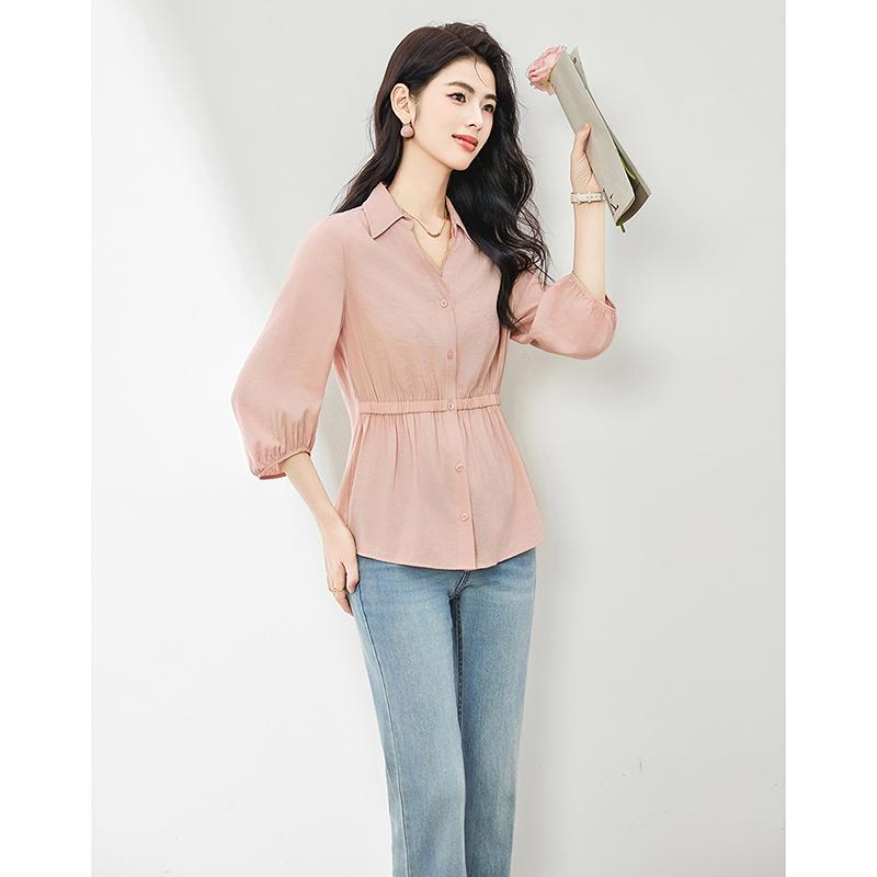 V-neck design with seven quarter sleeves, spring new style, waist cinching, slim fit, slimming top for women