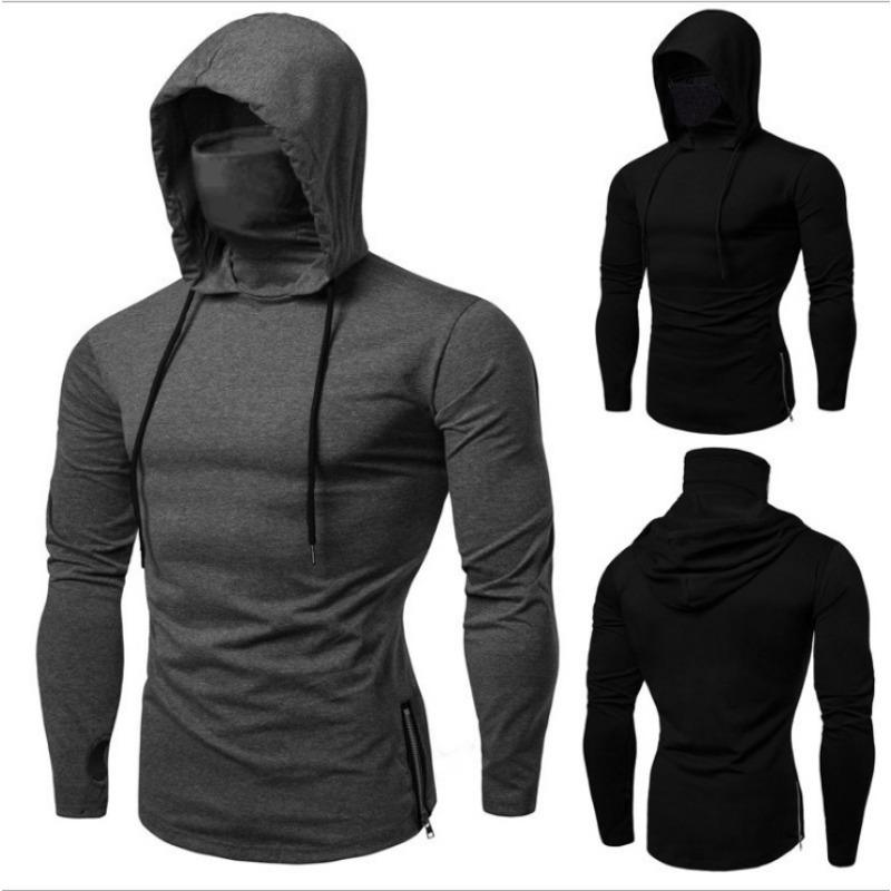 Mens Hooded Long Sleeve T Shirt Solid Color Street Style Fitness Wear
