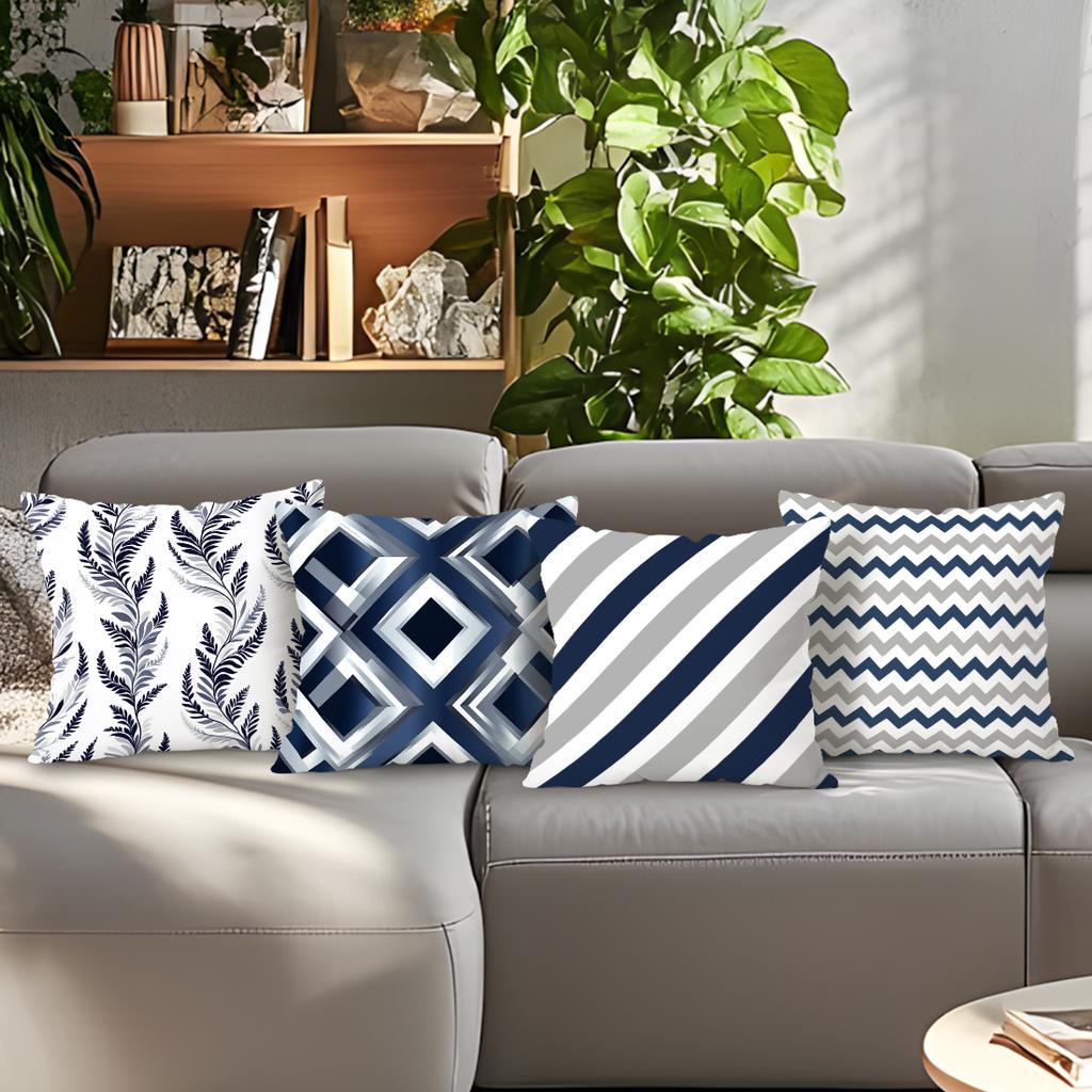 Blue & White Geometric Double-Sided Printed Pillow Cover Short Plush Suitable Living Rooms Bedrooms Sofas Throw Cushion Cover