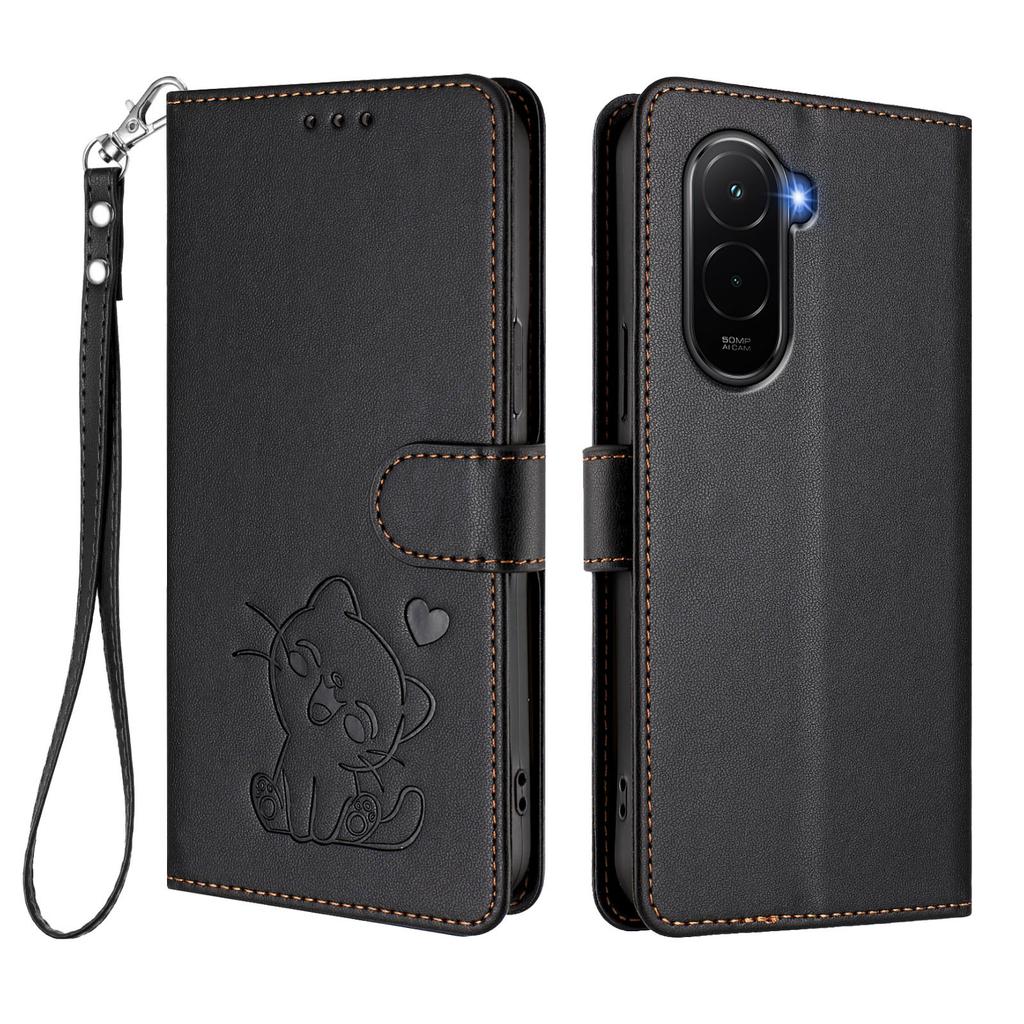 For Xiaomi Poco M7 Plus 5G/M7 4G (169mm) Wallet Case with Wrist Strap Love Cat Pattern Imprint Leather Phone Cover