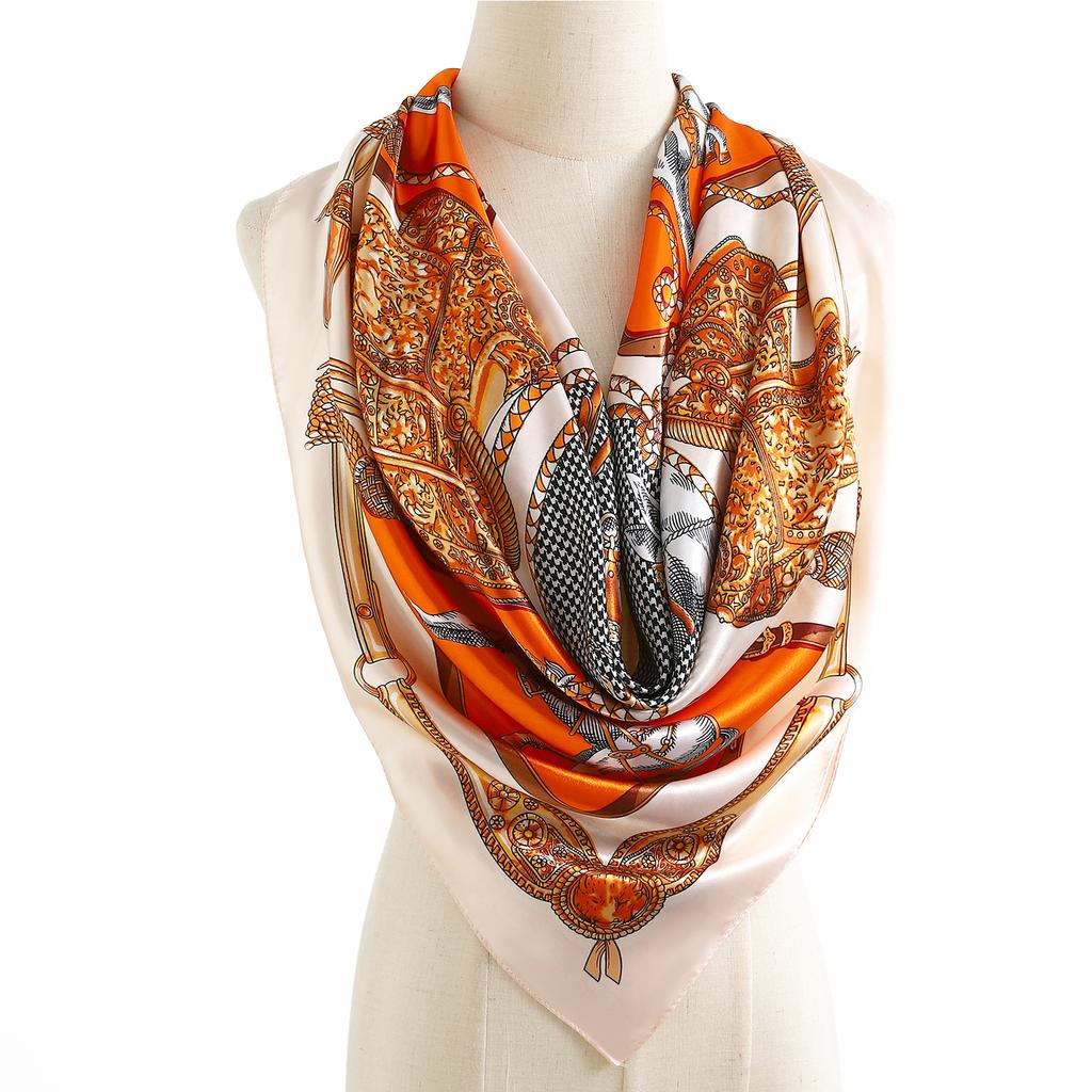 Luxury Brand Summer Kerchief Fashion Foulard Satin Headcloth 1 Piece of 35.4 Inches Square Shawls, Women Print 90X90CM Bandanna,