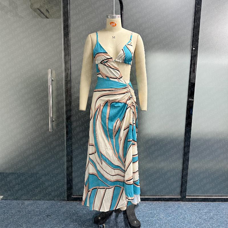 Летнее длинное платье с открытой спиной и разрезом на бретельках в европейском и американском стиле