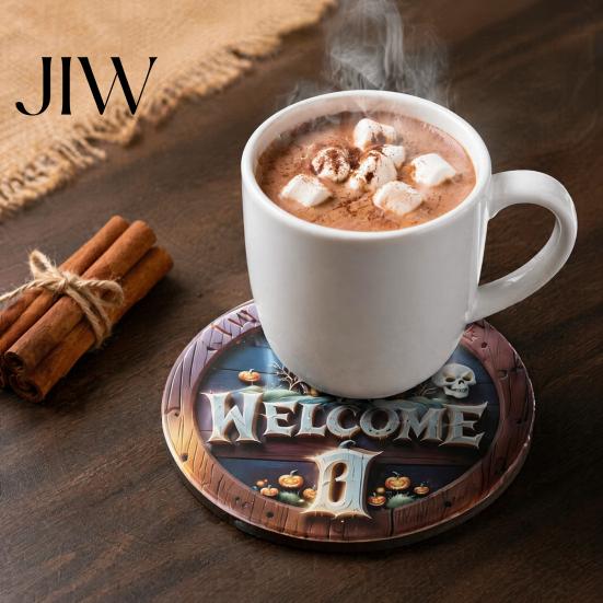 Holiday Gift for Home 6Pcs/Set Halloween Wooden Coasters, Retro Pumpkin Ghost Drink Decor Round Heat Insulation Pads Dining Table Autumn