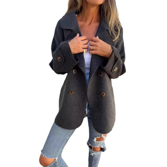 Women Winter Overcoat Turn-down Collar Solid Color Double-sided Woolen Double-breasted Loose Fit Coat Thermal Long Sleeved Commuting Dating Coat