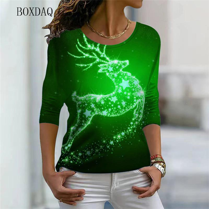 Женские рождественские модные футболки с длинным рукавом, осенне-зимние, с абстрактным рисунком оленя, 3D-принтом, уличная футболка, свободные повседневные топы