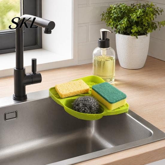 Sink Filter Basket Corner Storage Rack, Triangular Shape, with Drainage Multi-Compartment Kitchen Countertop Organizer Organizer, Durable Rack