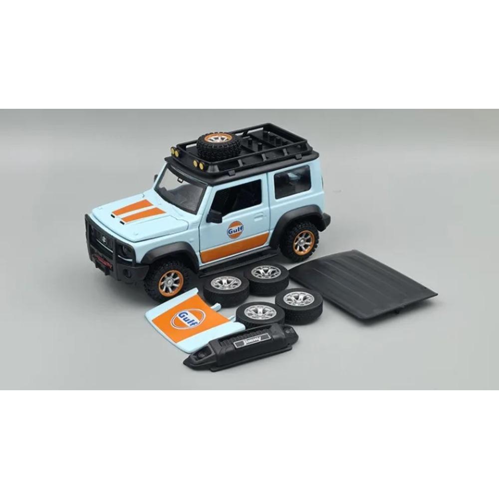 1/32 Модель модифицированного автомобиля Suzuki Jimny Литая машина Внедорожник с совместным брендом Gulf Игрушки Подарок для мальчика Коллекция Миниатюра