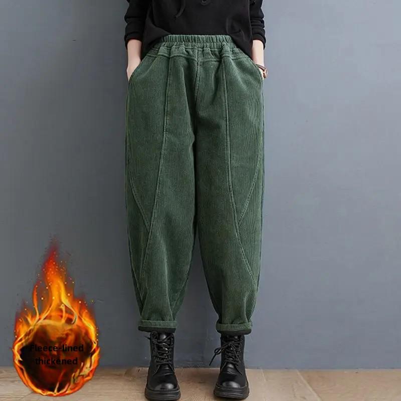 Women Thickened Fleece-Lined Corduroy Purple Harem Trousers For Middle-Aged Women Winter Style Mom's Peony Pants