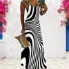 Women Plus Size Scoop Neck Strappy Sleeveless Black White Printed A Line Maxi Dress