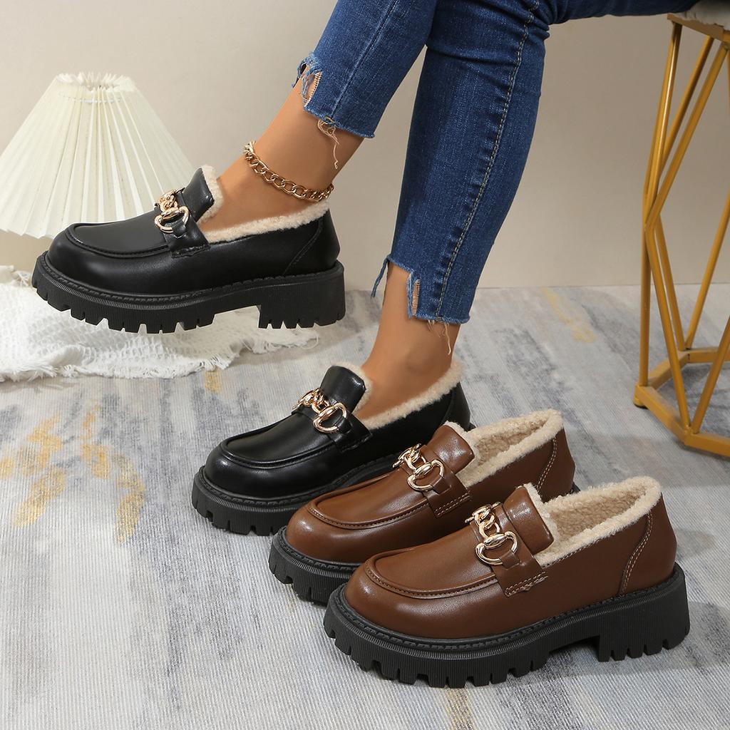 Large British Style Small Leather Shoes Winter New Fashion with Plush Loafers Cotton Shoes for Women