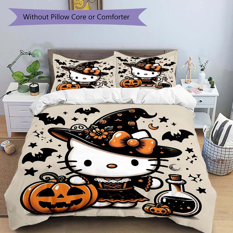 3pcs Witch Hello Kitty Printed Bedding Set, Soft and Comfortable Quilt Cover for Bedroom, Guest Room ( Not Included).H104