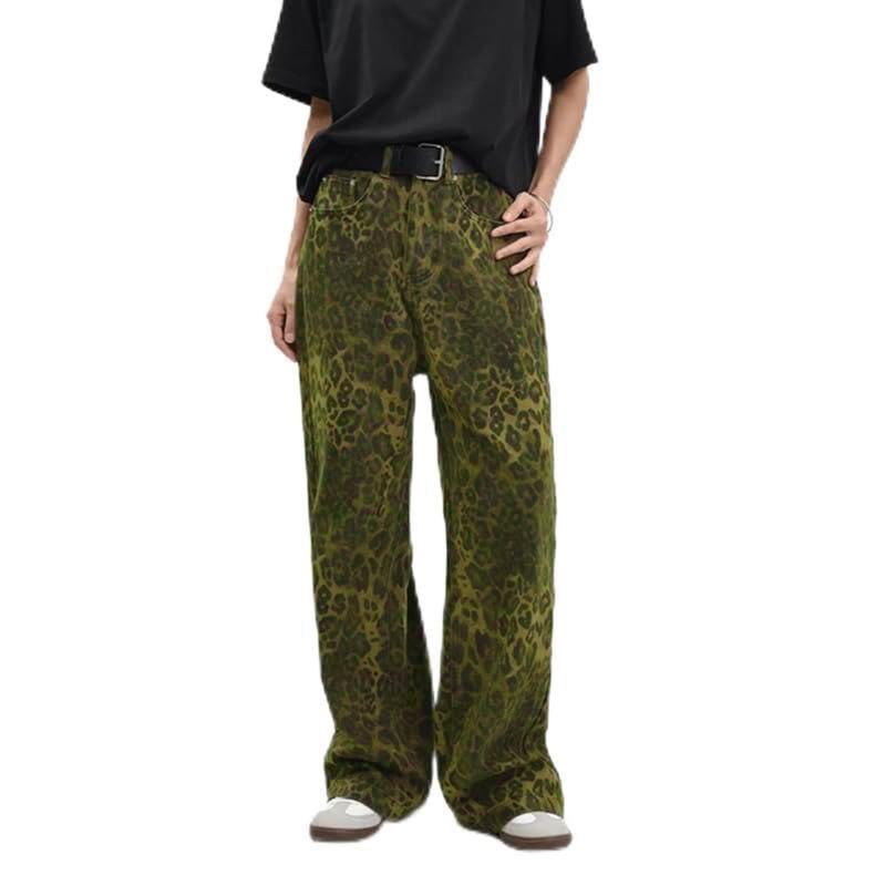 American Vintage Leopard Print Jeans Slim Straight Loose Wide Leg Casual Trousers