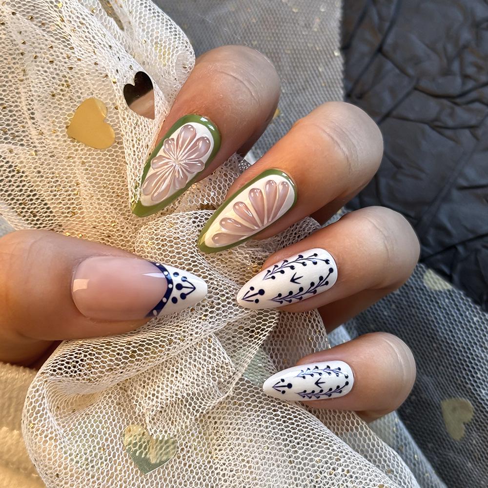 24-Piece Summer Lime Almond French 3D Handmade Wearable Faux Nails Set