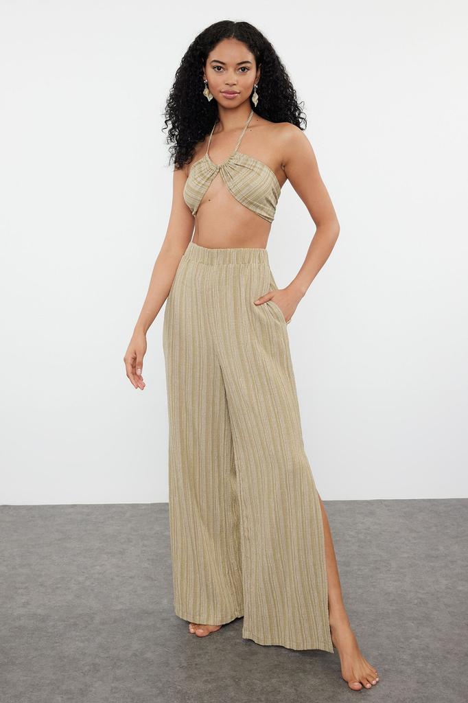 Women's Style Bottom-Top Set Clothes Green Woven Linen Blend Blouse Trouser Set