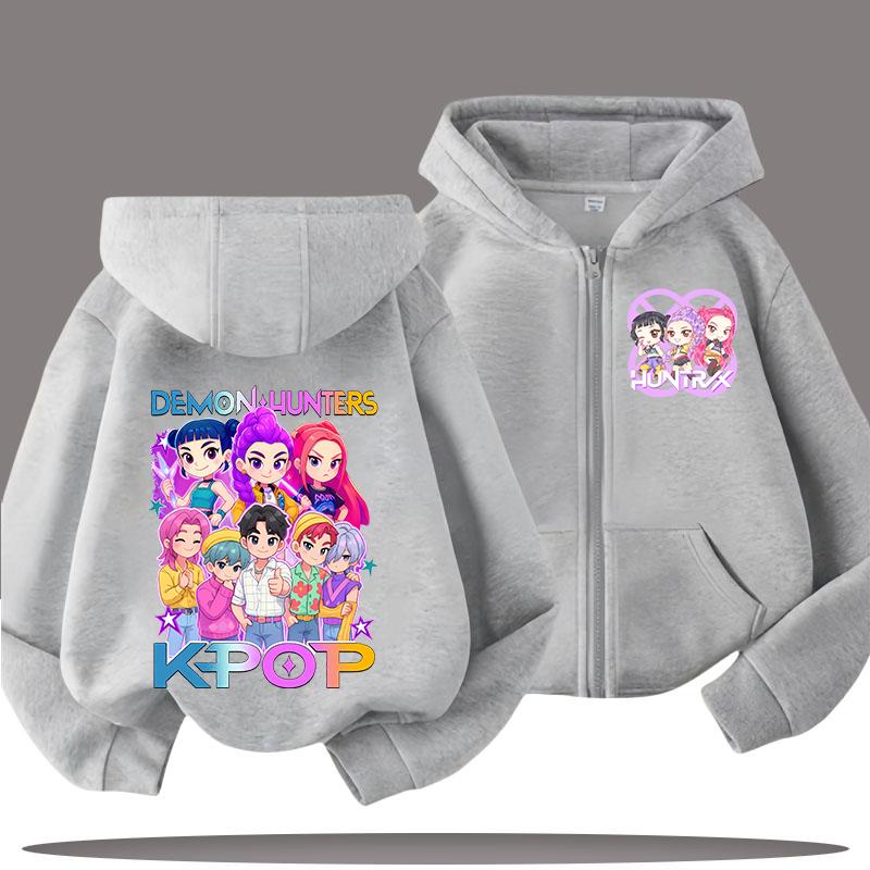 Детская толстовка с капюшоном на молнии - K-pop Demon Hunters Girl Повседневный топ - Спортивная футболка для мальчика - Принт с мультяшным рисунком - Пальто на осень/зиму