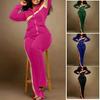 2 Pcs/Set Women Coat Pants Suit Striped Color Matching Lapel Long Sleeve Zipper Closure Jacket Elastic Waist Pants