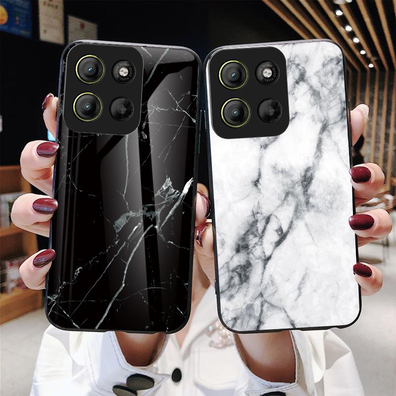 For Motorola Moto G15 4G Case Marble Pattern Tempered Glass+PC+TPU Protective Phone Cover