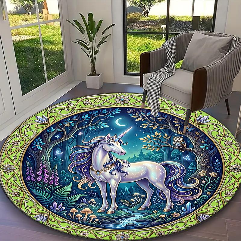 [Jeweled Emerald Unicorn Printed Carpet] Non-slip Office Rug, Cozy Round Carprt for Living Room Use, Soft Home Sofa Chair Mat