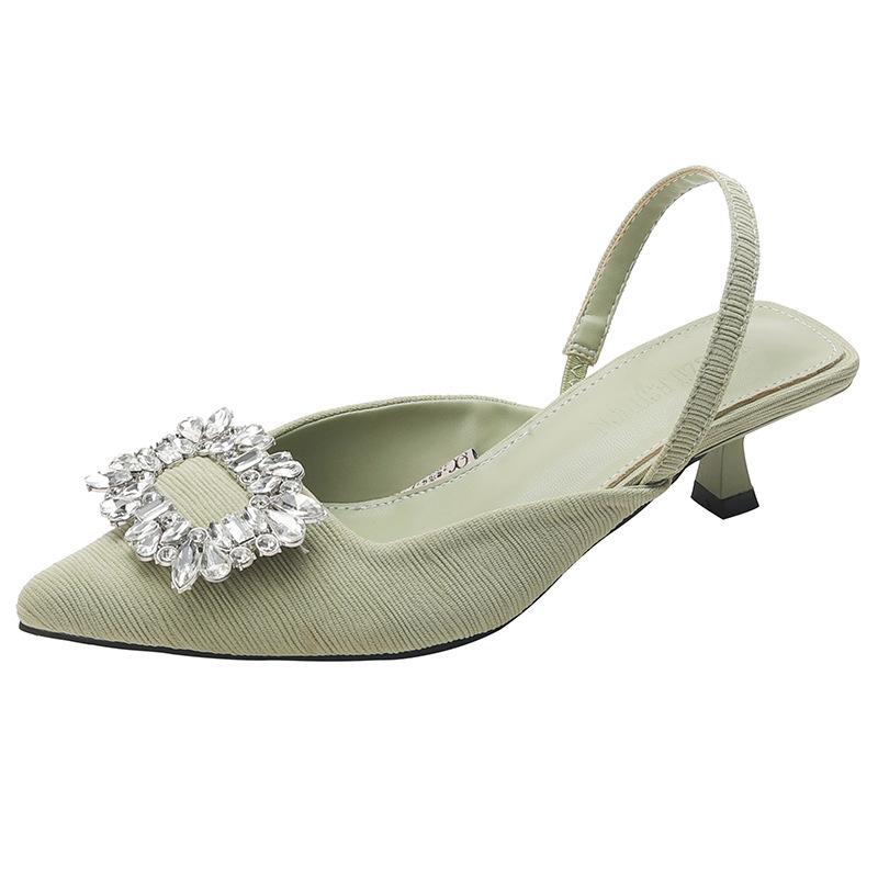 Красные босоножки на высоком каблуке женская летняя обувь 2025 новая остроносая с открытой пяткой женская обувь стразы квадратная пряжка шпилька