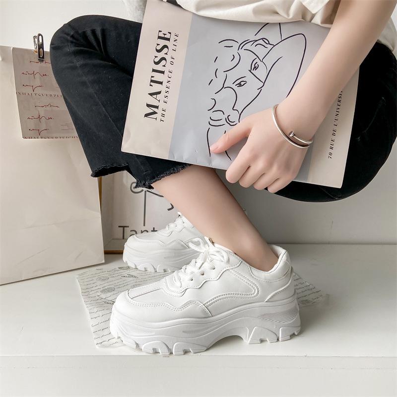 White Women's New Autumn Chunky Sneakers Lace-Up Vulcanize Winter Sports Shoes Casual Flat Fashion Platform Basket Round Head PU