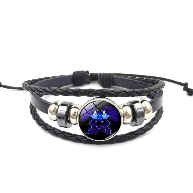 Unisex Snap Bracelet Weaving Fashion 12 Constellation Bead Leather Charm Couple Bangles Gifts