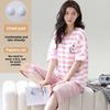 Summer Plus Size 4XL 5XL Pajamas Set with Chest Pad for Women Pink Stripe Short Sleeve Tops and Capri Pants Sleepwear Female Casual Pyjamas Homewear