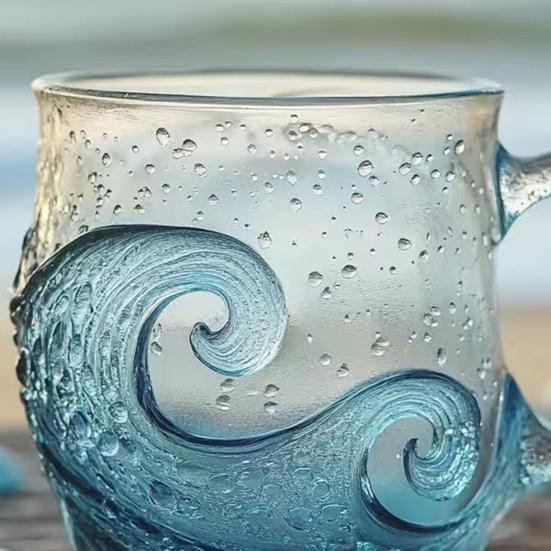 Yousheng Sea Glass Sunset Mug Thickened Glass with Wave Texture Gradient Color Water Cup Non-Slip Handle Glassware for Coffee Juice Iced Drinks