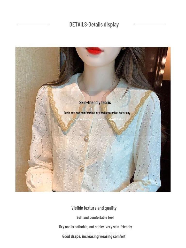 Женская шифоновая блузка с воротником Питер Пэн на весну и осень 2025 года - Новая модная кружевная рубашка
