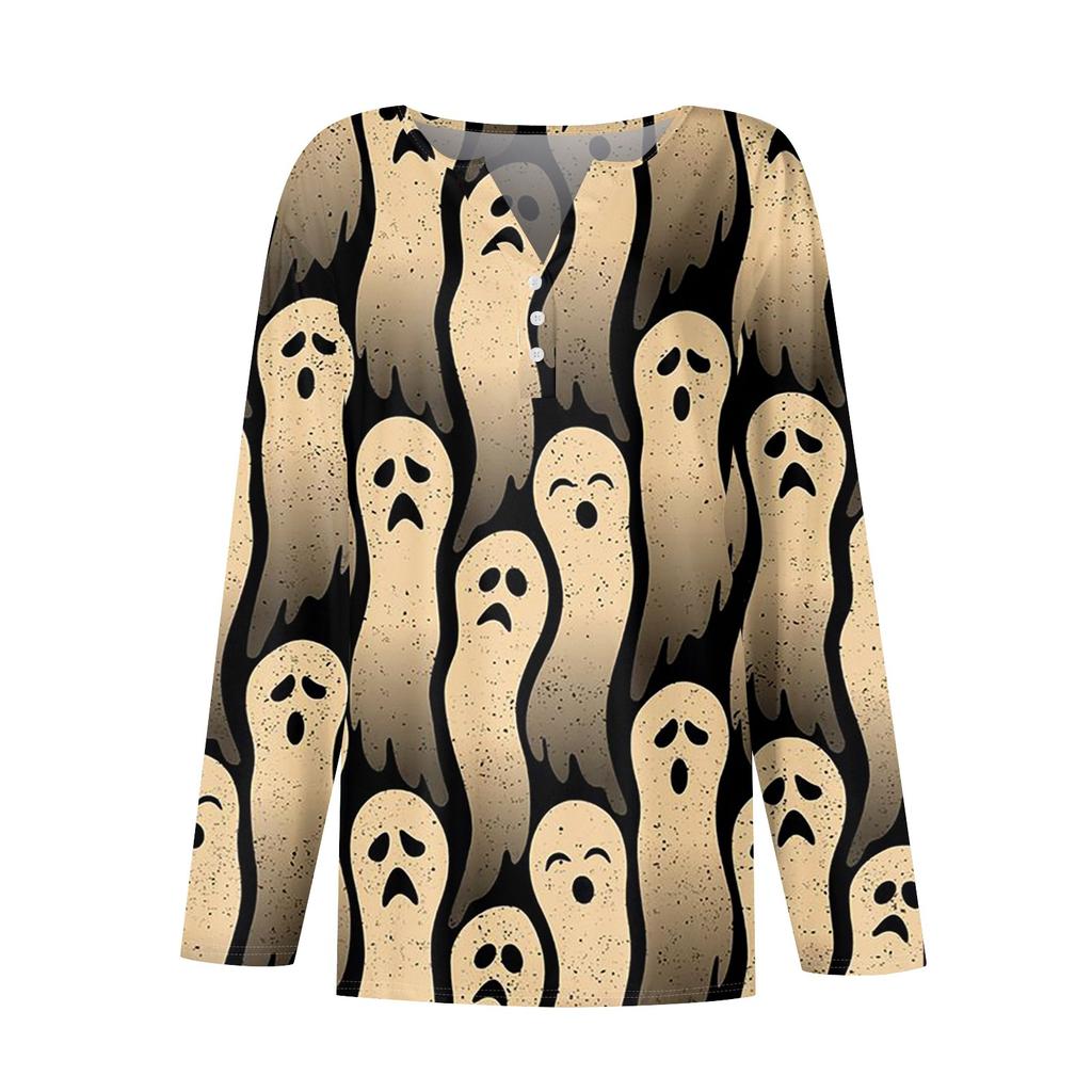 Women's T Shirt Tee Button Halloween Print Long Sleeve Daily Weekend Fashion Basic V-Neck Regular Top
