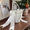 Satin White Wedding Flower Basket Rustic Bowknot Flower Girl Basket  Floral Petals